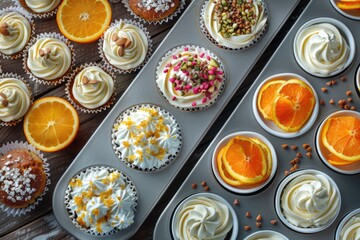 Poster - Tray filled with cupcakes covered in frosting. Great for bakery or celebration concepts