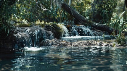 Sticker - Serene stream flowing through vibrant forest, ideal for nature backgrounds