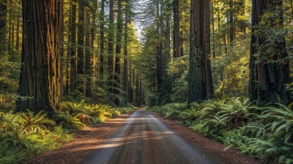 Poster - A serene view of a dirt road winding through a dense forest. Suitable for nature or travel concepts