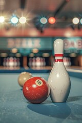 Poster - Pool table with red ball and white bowling pin. Ideal for sports and leisure concepts