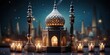 Ramadan Kareem Celebration: Royal Elegant Lamp with Mosque Holy Gate, adorned with Festive Fireworks. Majestic Tribute to Eid Mubarak Spirit 