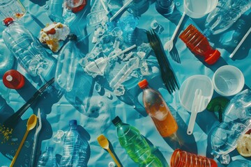 Poster - Plastic bottles and spoons arranged on a table, suitable for environmental and recycling concepts