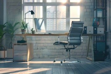 Aufkleber - A chair sitting in front of a window next to a desk. Suitable for interior design concepts