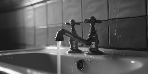 Poster - Monochrome image of a faucet and sink, suitable for plumbing or home improvement concepts
