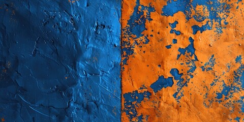 Poster - Detailed view of a vibrant blue and orange painted wall. Perfect for backgrounds or interior design concepts
