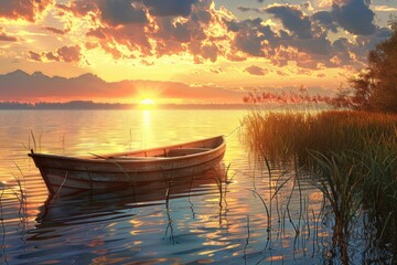 Poster - A tranquil scene of a boat floating on a peaceful lake at sunset. Perfect for travel or relaxation concepts