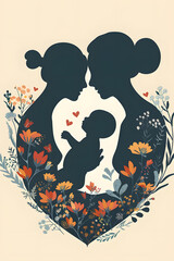 Wall Mural - minimalist silohuette graphic of a mother and baby in a garden of wildflowers, inside a heart shape, flat, one color