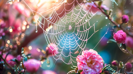Dew-kissed spider web amongst blooming roses