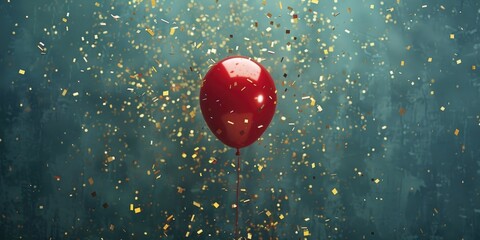 Poster - A red balloon floating in the air surrounded by confetti. Perfect for celebrations and festive occasions