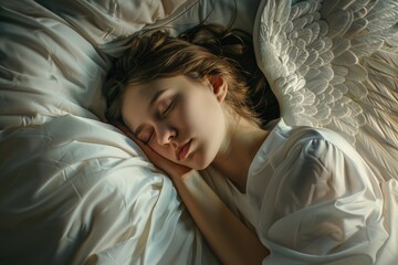 Aufkleber - Woman sleeping in bed with angel wings, suitable for dreamy and peaceful concepts