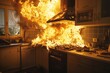 A kitchen filled with fire next to a stove. Ideal for fire safety concept