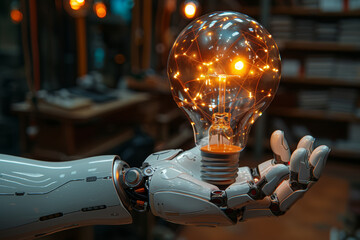 Poster - Glowing light bulb held by a robotic arm, emphasizing the fusion of technology and innovation. Concept of technological creativity. Generative Ai.