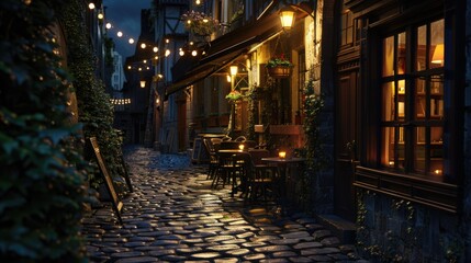 Wall Mural - A charming cobblestone street with tables and chairs lit up at night. Ideal for restaurant and outdoor dining concepts