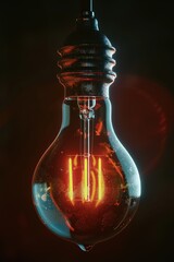 Poster - A single light bulb hanging in a dark room, perfect for adding atmosphere to your design projects