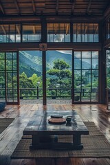 Poster - A cozy living room with a stunning mountain view, perfect for interior design inspiration