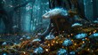 A single mushroom in a dark forest at night. Suitable for nature and night-time themes