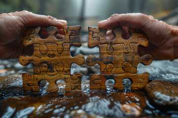 Poster - Hands building a bridge with puzzle pieces, symbolizing collaboration in solving complex problems. Concept of teamwork and problem-solving. Generative Ai.