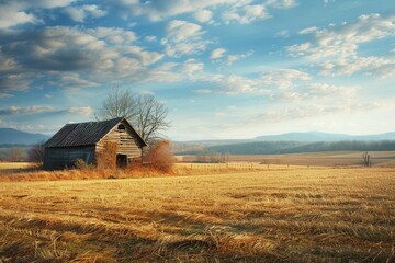 Aufkleber - Rustic old barn in a scenic field with majestic mountains in the background. Ideal for rural and countryside themed designs
