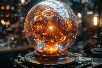 Poster - Interlocking gears within a crystal ball, showcasing the fusion of foresight and machinery. Concept of mechanical divination. Generative Ai.