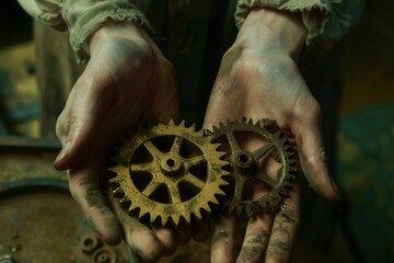 Close-up of hands holding gears, industrial concept