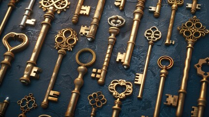 Aufkleber - Collection of antique keys on a blue background. Suitable for various themes