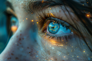 Poster - A futuristic cityscape reflected in a person's eyes, envisioning the integration of technology and urban living. Concept of cybernetic urbanism. Generative Ai.