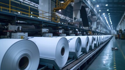 Poster - Factory with rolls of paper on a conveyor belt. Ideal for industrial, manufacturing, or production concepts