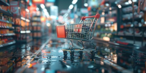 Poster - A shopping cart in the middle of a store aisle. Suitable for retail or grocery store concepts