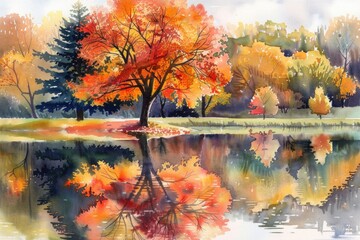Poster - Vibrant watercolor painting of a tree in the fall season, perfect for autumn-themed designs