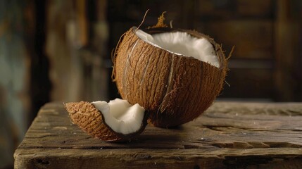 Poster - Fresh half-eaten coconut on rustic wooden surface, perfect for tropical themed designs