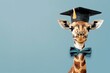 Giraffe wearing graduation hat on blue background