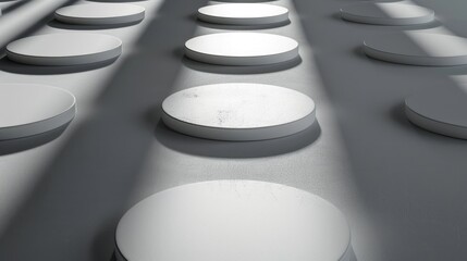 Poster - A row of round white plates on a gray surface. Perfect for kitchen or restaurant themes