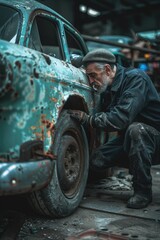 Poster - A man fixing a car in a garage, perfect for automotive industry use