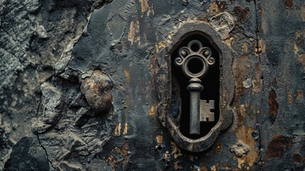Poster - An old key inserted into a hole in the side of a tree. Suitable for mystery or hidden object concepts