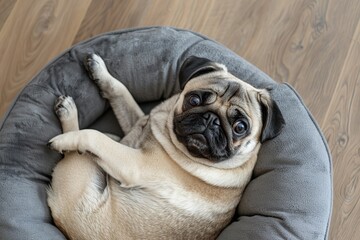 Wall Mural - Top view of adorable pug lying on soft dog bed in home interior