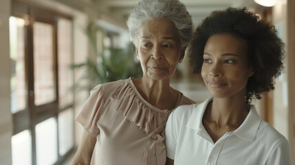 Canvas Print - A senior woman and a younger woman stand together in a warm, sunlit hallway.