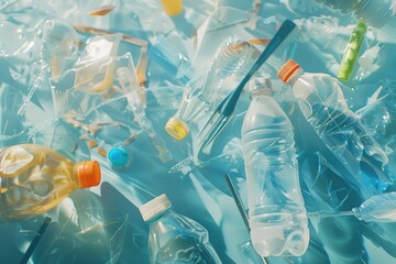 Poster - Stack of plastic bottles and recyclable items, suitable for environmental concepts