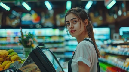 Poster - A woman standing in front of a cash register in a grocery store. Ideal for retail and shopping concepts