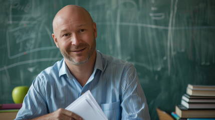 Poster - A man sits at a desk with books and an apple, smiling broadly.