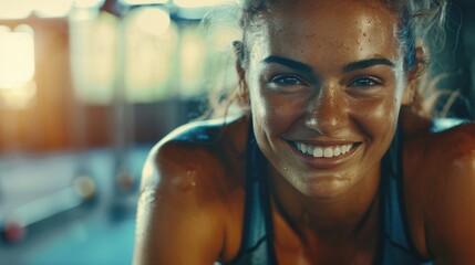 Poster - A beautiful young woman smiling in a gym, perfect for fitness and lifestyle concepts