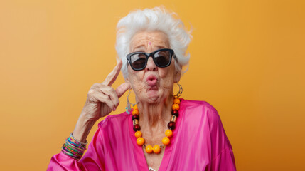 Poster - A spirited elderly woman with sunglasses pointing with panache against an orange backdrop.