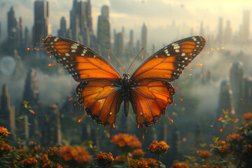 Wall Mural - Butterfly wings morphing into a city skyline, showcasing the urban metamorphosis inspired by nature. Concept of ecological urbanization. Generative Ai.
