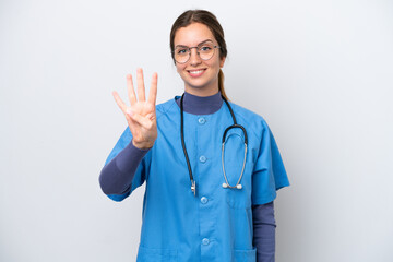 Poster - Young caucasian nurse woman isolated on white background happy and counting four with fingers