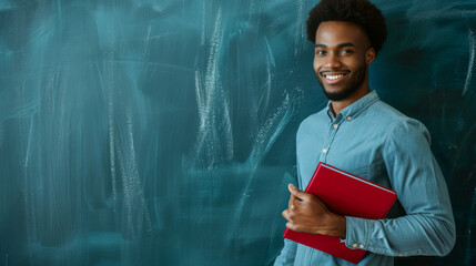 Canvas Print - A smiling young man holds a red notebook against a chalkboard background.