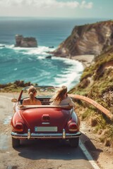 Poster - Two women sitting in the back of a red car. Suitable for travel and friendship concepts