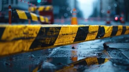 Aufkleber - A yellow and black barricade on a wet street, suitable for construction or safety themes