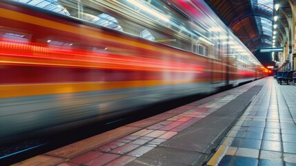 Poster - A colorful train passing by a station, suitable for transportation concepts