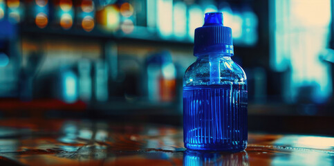 Poster - A simple blue water bottle on a wooden table. Suitable for various lifestyle and hydration concepts