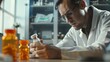 A man in a lab coat inspecting a bottle. Suitable for scientific and research concepts