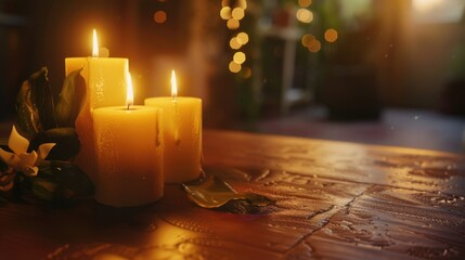 Wall Mural - Three candles arranged on a wooden table, suitable for home decor or relaxation concept